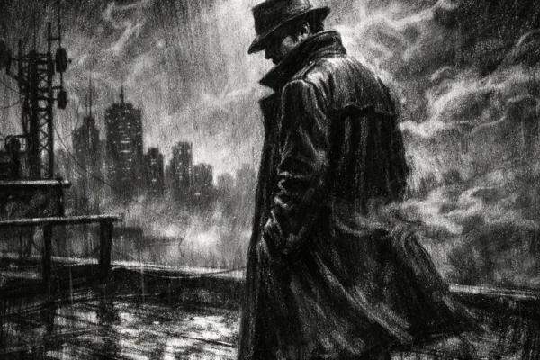 Cinematic poster s usamljenom figurom na krovu grada, snažne sjene i magla, charcoal film noir stil u crno-bijeloj paleti.