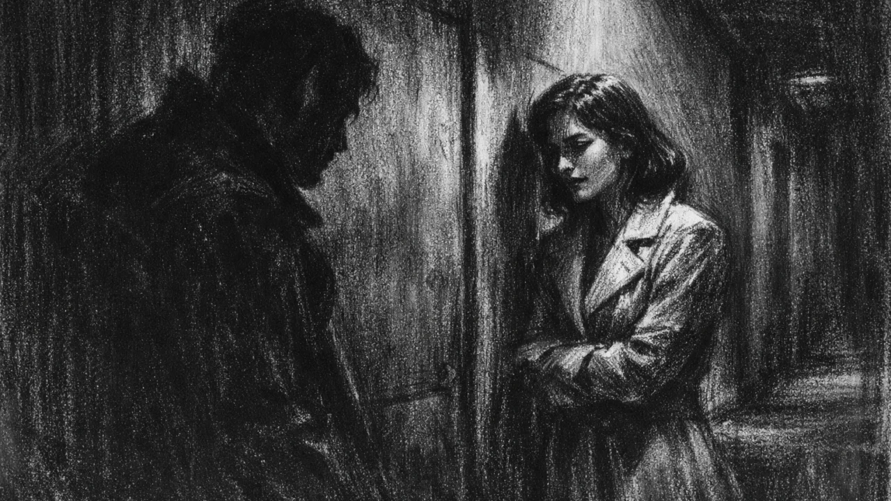 Intimna scena razgovora u charcoal film noir stilu, crno-bijela s jakim kontrastom svjetla i sjene, odiše emocionalnom napetošću i suzdržanom tugom.