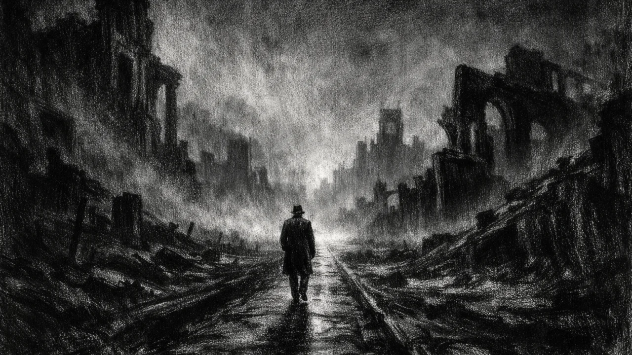 Atmosferski krajolik u charcoal film noir stilu, crno-bijeli prizor ruševina, magle i dubokih sjena koji stvara osjećaj putovanja i tihe melankolije.