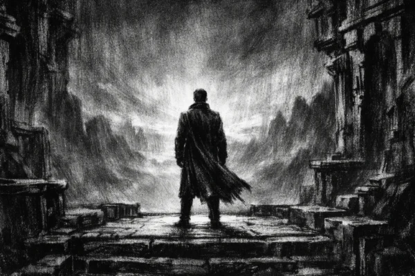 Plakatna scena u charcoal film noir stilu, crno-bijela kompozicija s usamljenom figurom u dubokim sjenama i dramatičnom rasvjetom, naglašava melankoliju i unutarnju snagu.