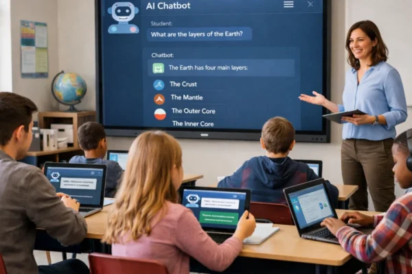 Primjena AI chatbotova u obrazovanju u modernoj učionici s učenicima i nastavnikom