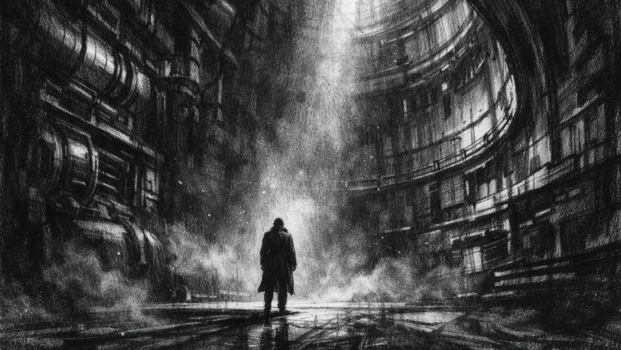 Kinematografski poster s usamljenom figurom u mračnom industrijskom prostoru, izrađen u charcoal film noir stilu, crno-bijelo, s dubokim sjenama i tjeskobnom atmosferom.