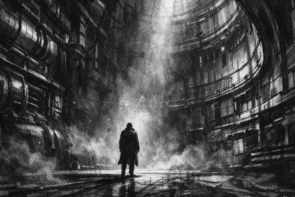 Kinematografski poster s usamljenom figurom u mračnom industrijskom prostoru, izrađen u charcoal film noir stilu, crno-bijelo, s dubokim sjenama i tjeskobnom atmosferom.