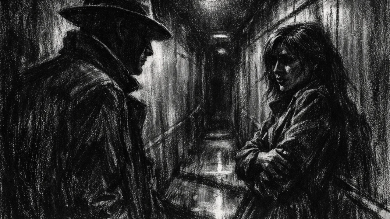 Dvoje ljudi u napetom razgovoru u uskom hodniku, naglašene sjene i klaustrofobija, prikazano u charcoal film noir stilu s jakim kontrastom.