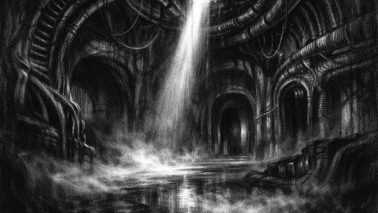 Atmosferski prikaz napuštenog, labirintskog prostora s maglom i svjetlosnim snopom, u mračnom charcoal film noir stilu, crno-bijelo i tjeskobno.