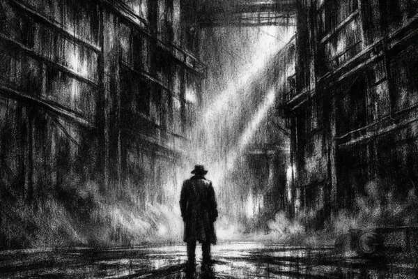 Usamljena figura u industrijskom prostoru, snažan kontrast svjetla i sjene, charcoal film noir stil, crno-bijela atmosfera puna tjeskobe i odlučnosti.