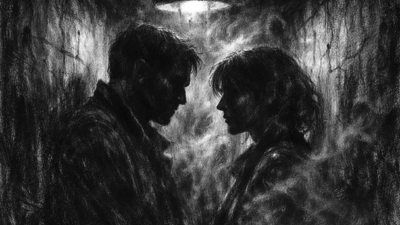 Dvije osobe u uskom hodniku, napet emocionalni trenutak, izražene sjene i kontrasti, charcoal film noir stil s osjećajem straha i povezanosti.