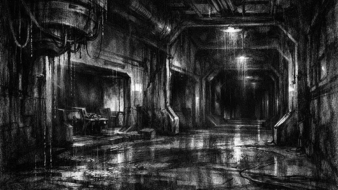 Prazno industrijsko okruženje s dubokim sjenama i hladnim tonovima, simbolična atmosfera napuštenosti, charcoal film noir stil.