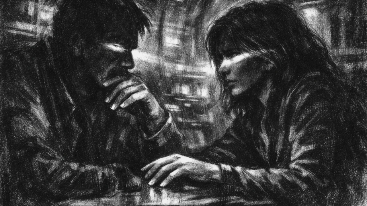 Dvoje ljudi u tihom razgovoru u mračnom interijeru, naglašene emocije i kontrast svjetla i sjene, charcoal film noir stil.