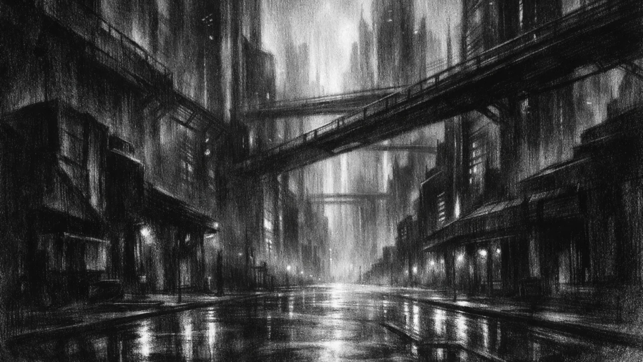 Futuristički grad u magli s visokim zgradama i praznim prostorima, osjećaj izolacije i bezvremenosti, charcoal film noir stil.