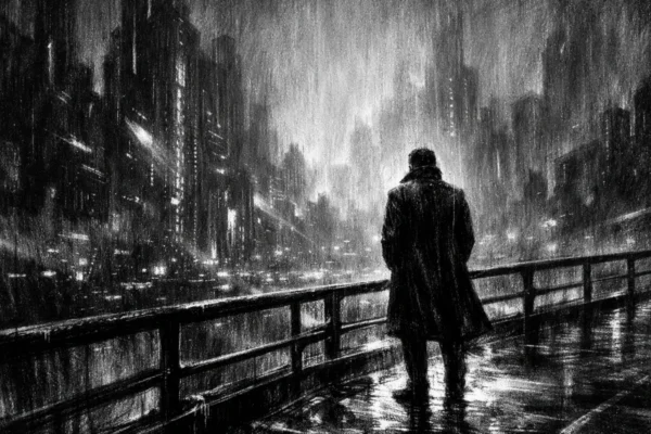 Filmski poster s usamljenom figurom iznad futurističkog grada, snažne sjene i turobna atmosfera, charcoal film noir stil u crno-bijeloj tehnici.