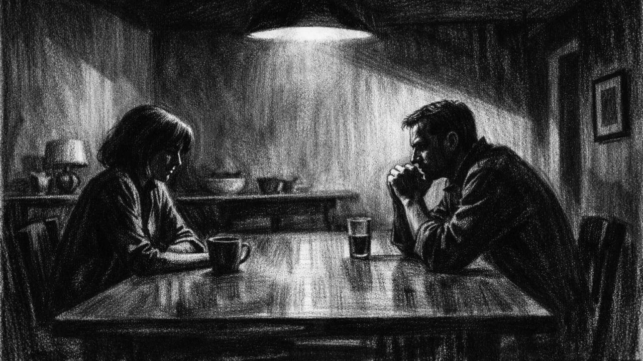 Dvoje ljudi za stolom u tihoj napetosti, interijer u charcoal film noir stilu, crno-bijeli kontrasti i teška emotivna sjena.