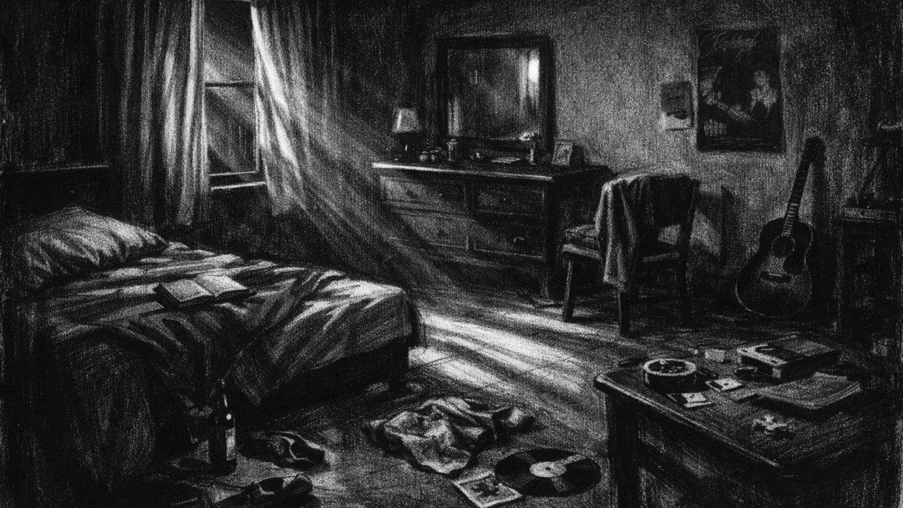 Prazna soba obasjana mjesečinom, simboličan prostor tišine u charcoal film noir stilu, crno-bijelo i introspektivno.