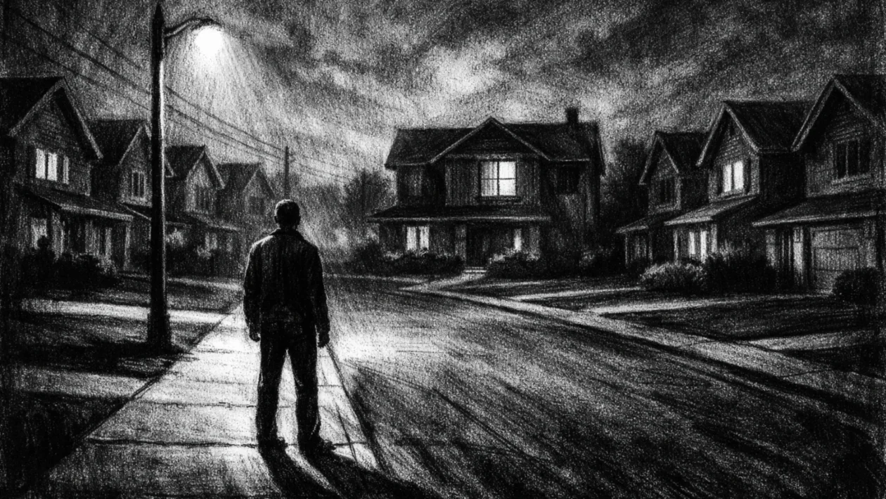 Kinematografski poster s usamljenom figurom u predgrađu, charcoal film noir stil, crno-bijelo, duboke sjene i melankolična atmosfera.