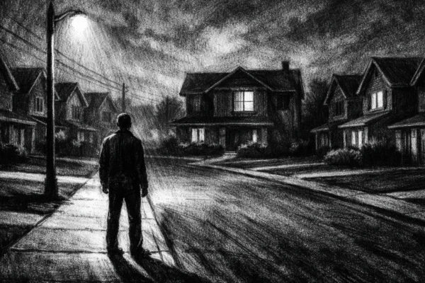 Kinematografski poster s usamljenom figurom u predgrađu, charcoal film noir stil, crno-bijelo, duboke sjene i melankolična atmosfera.