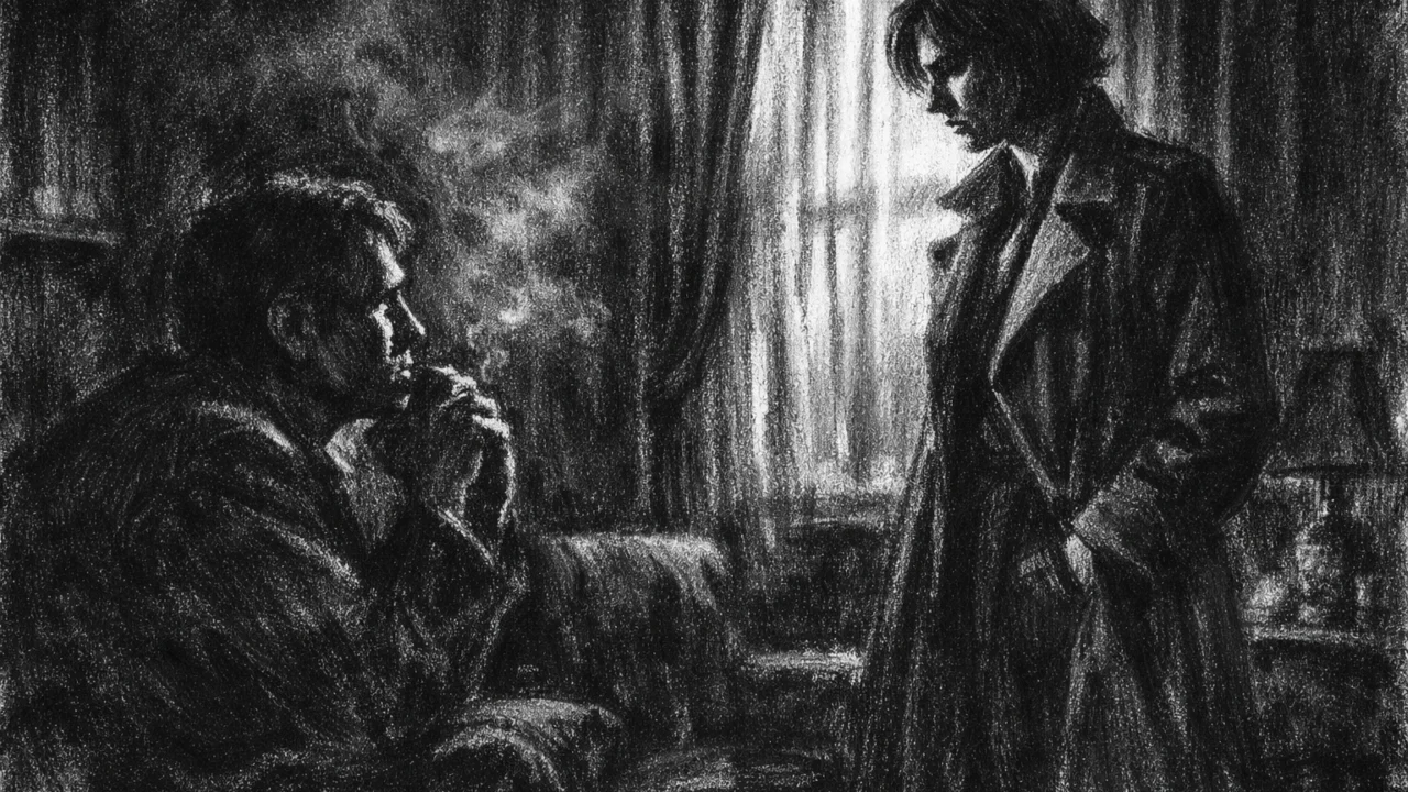 Dramatična unutarnja scena u charcoal film noir stilu: dvije osobe u sjeni, emocionalna napetost, crno-bijeli kontrast.