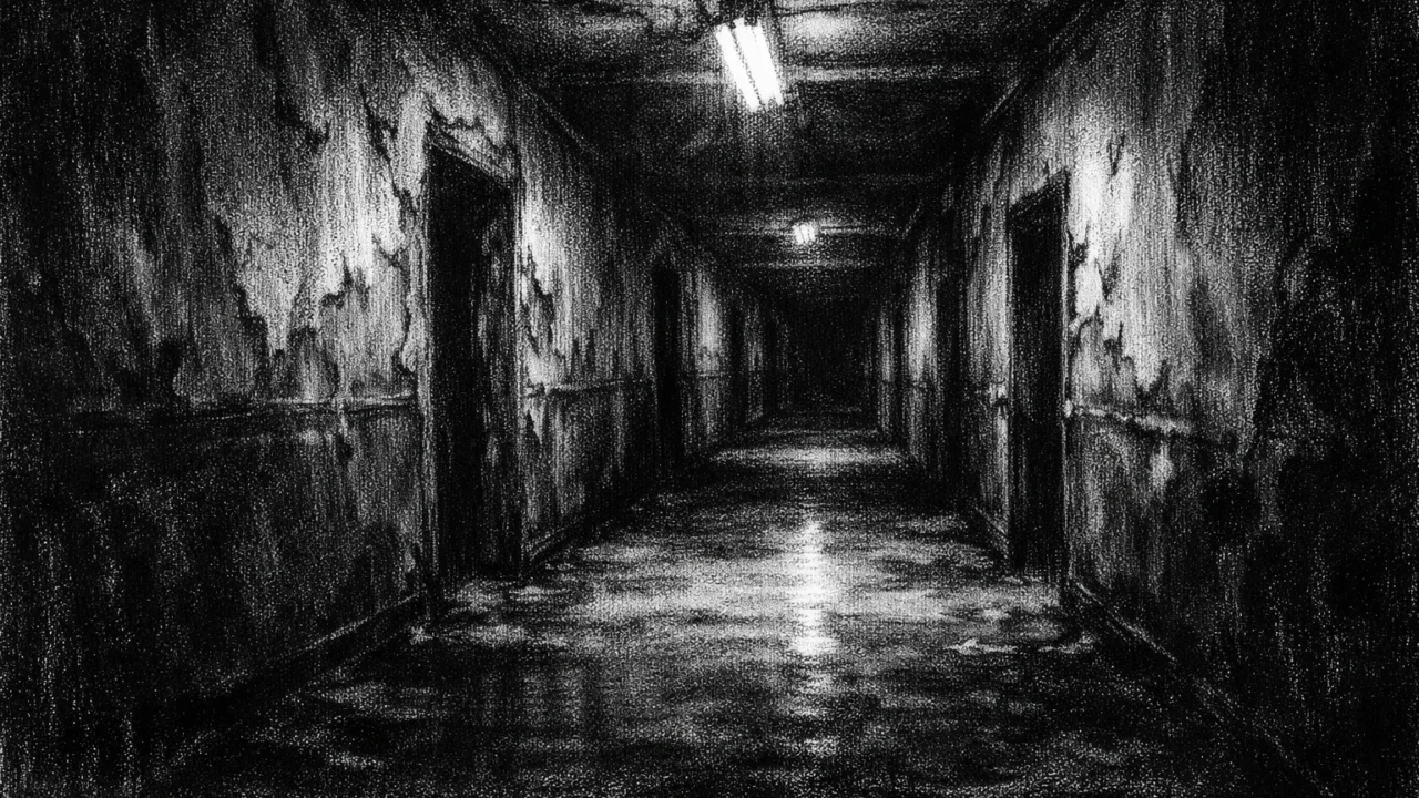 Atmosferski prostor u charcoal film noir stilu: napušteni hodnik, duboke sjene i sablasna tišina u crno-bijeloj izvedbi.