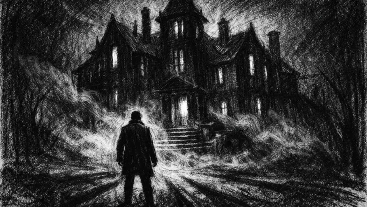Filmski poster u charcoal film noir stilu: usamljena figura ispred mračne kuće, crno-bijelo, duboke sjene i tjeskobna atmosfera.