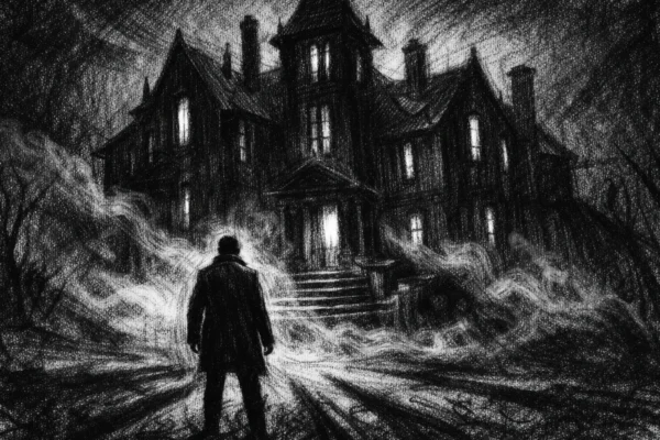 Filmski poster u charcoal film noir stilu: usamljena figura ispred mračne kuće, crno-bijelo, duboke sjene i tjeskobna atmosfera.