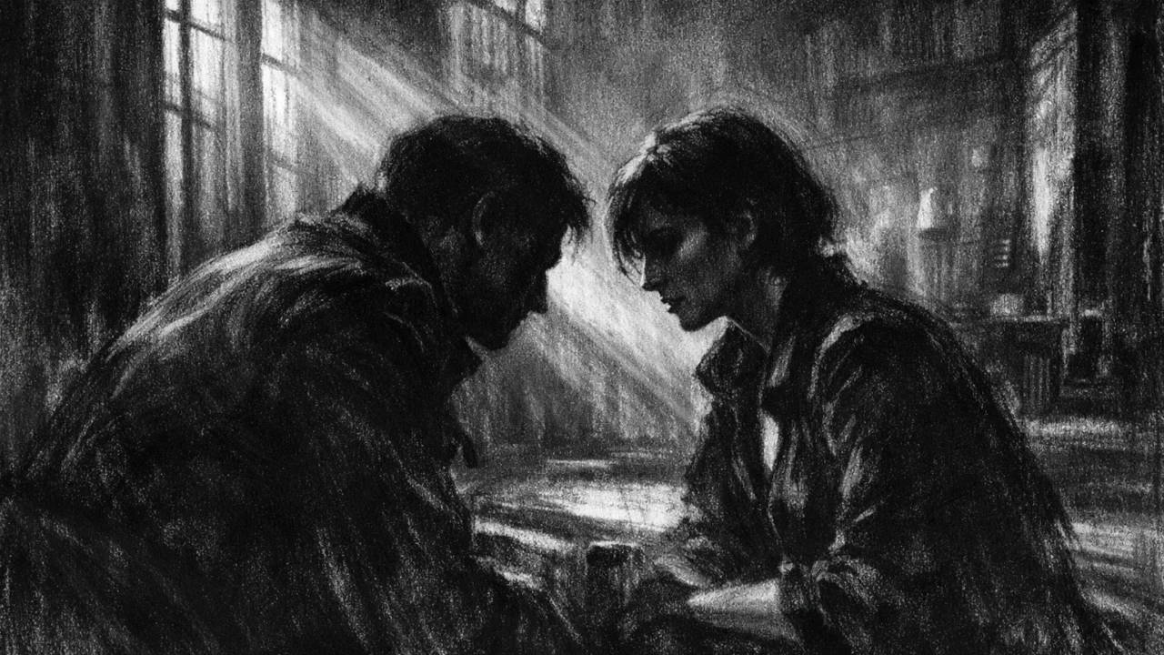 Dvoje ljudi u tihom razgovoru u mračnom interijeru, crtež ugljenom u charcoal film noir stil, izražajne sjene, intimna i napeta emocionalna atmosfera.