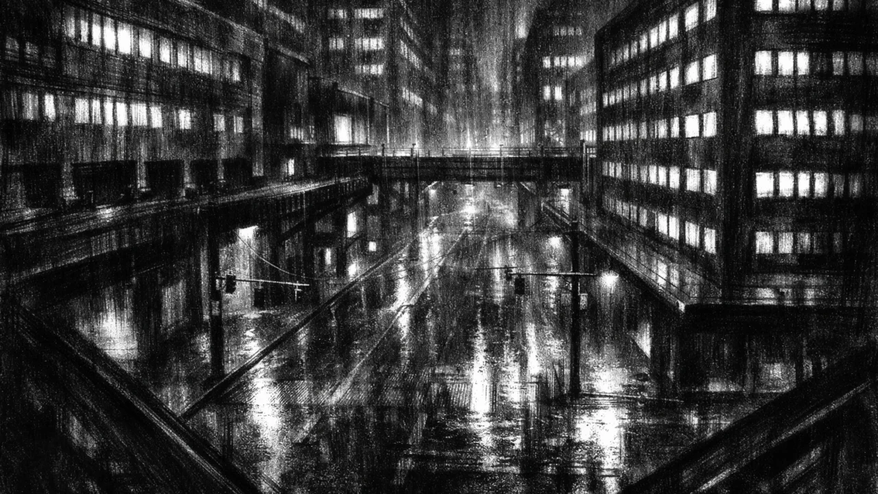 Mračna futuristička ulica promatrana odozgo, crtež ugljenom u charcoal film noir stil, visoki kontrast, kiša, refleksije svjetla i osjećaj nadzora.