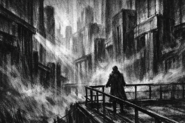 Usamljena figura iznad mračnog grada, crtež ugljenom u charcoal film noir stil, snažni kontrasti, duboke sjene i tjeskobna atmosfera nadzora i represije.