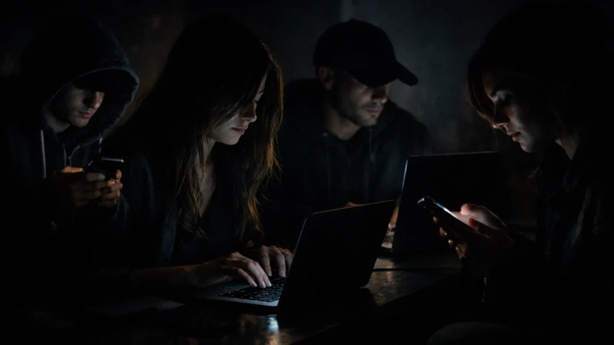Anonimnost na internetu prikazana kroz korisnike koji koriste digitalne uređaje u mračnom okruženju