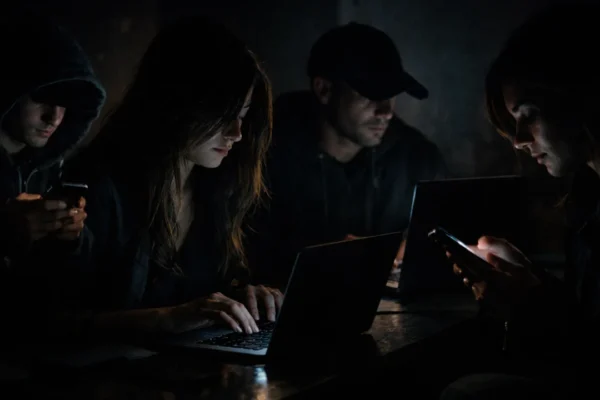 Anonimnost na internetu prikazana kroz korisnike koji koriste digitalne uređaje u mračnom okruženju