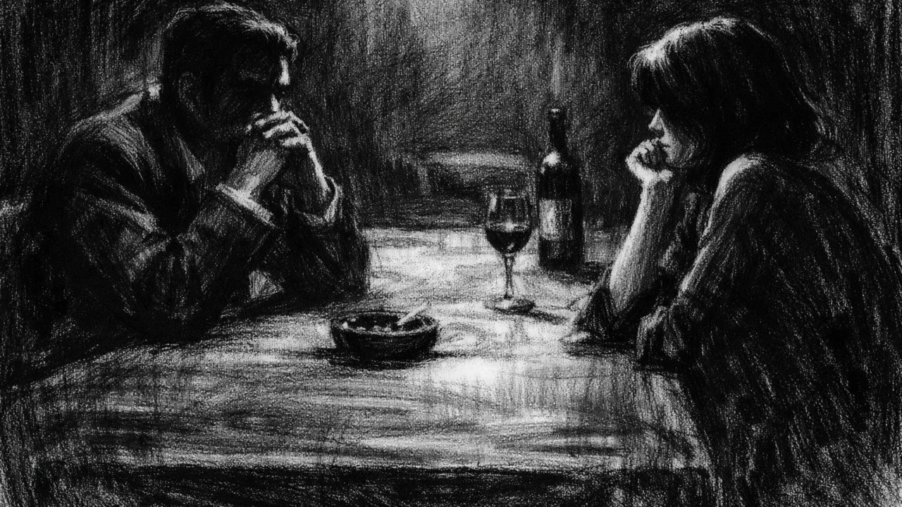 Dvoje ljudi za stolom u napetom razgovoru, lica u sjeni i izražene linije ugljena, charcoal film noir stil