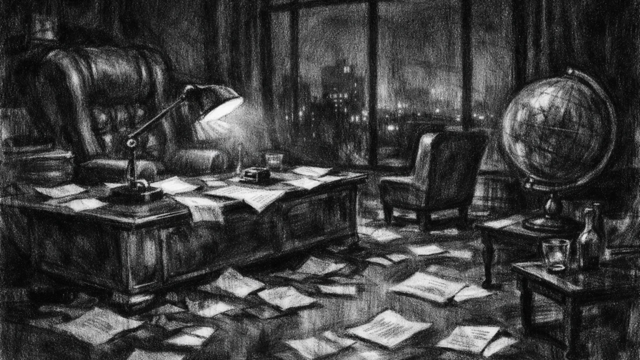 Prazan luksuzni ured noću s velikim prozorima i dubokim sjenama, melankolična atmosfera, charcoal film noir stil