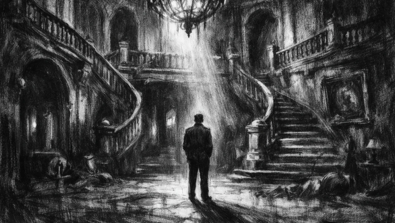 Filmski poster s usamljenom figurom u raskošnoj ali praznoj kući, naglašen kontrast i duboke sjene, charcoal film noir stil