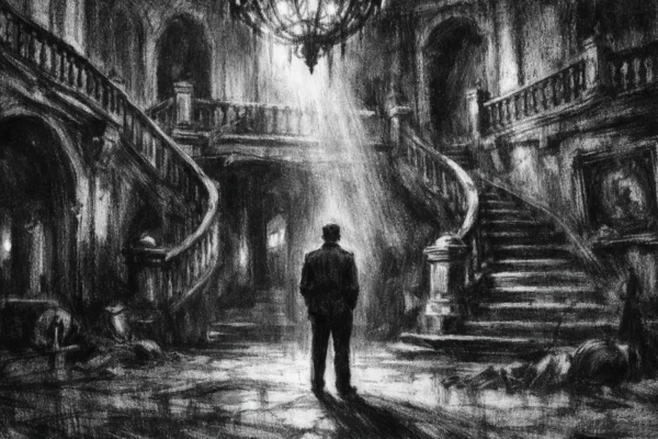 Filmski poster s usamljenom figurom u raskošnoj ali praznoj kući, naglašen kontrast i duboke sjene, charcoal film noir stil