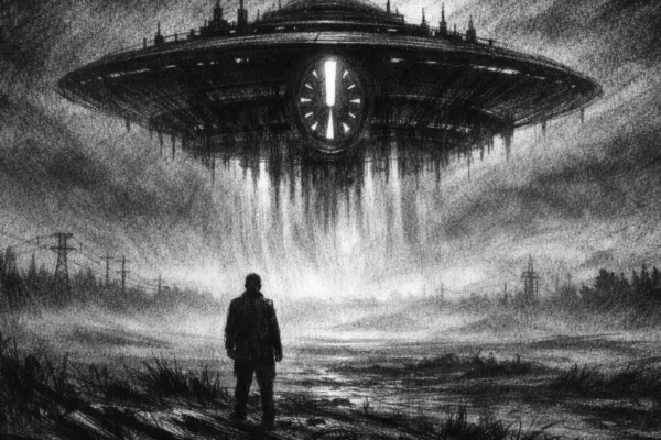 Kinematografski prizor u charcoal film noir stilu, usamljena figura pred tajanstvenom strukturom, crno-bijelo, duboke sjene i tjeskobna atmosfera