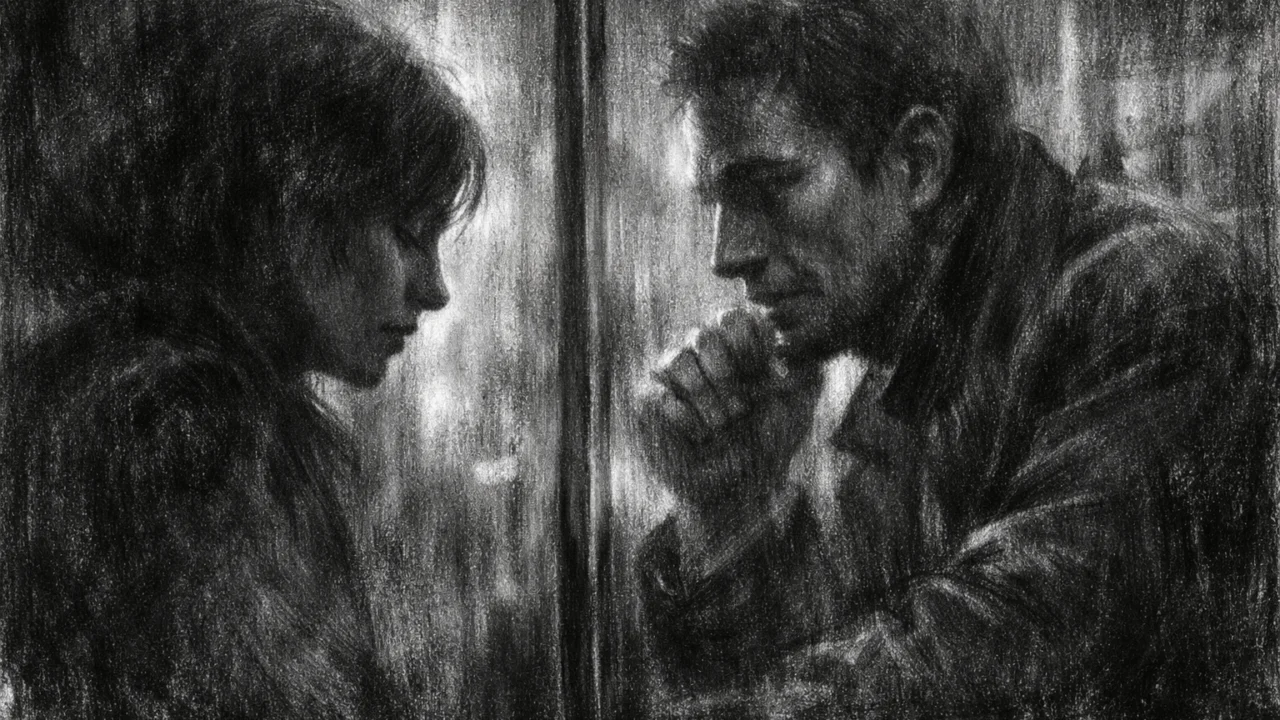 Emotivni susret dviju osoba u charcoal film noir stilu, snažan kontrast svjetla i sjene, tišina i introspektivno raspoloženje