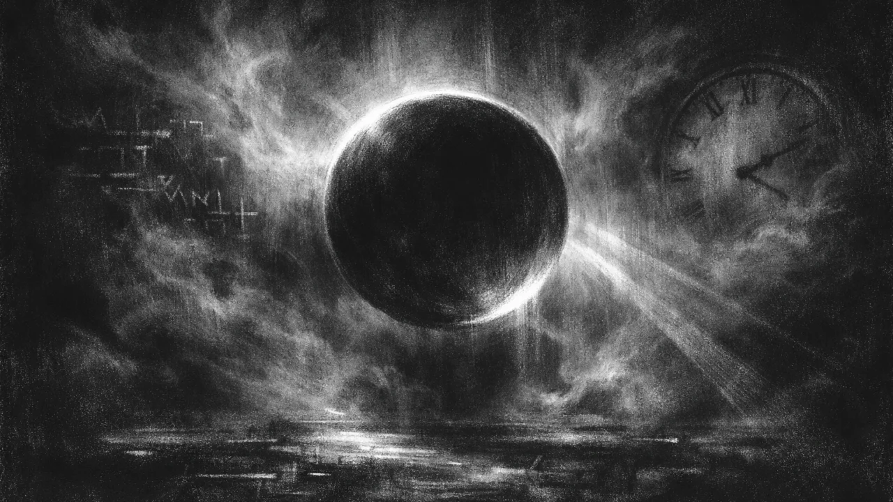 Simbolično okruženje u charcoal film noir stilu, apstraktni oblici i magla u crno-bijelom visokom kontrastu, osjećaj misterije i razmišljanja
