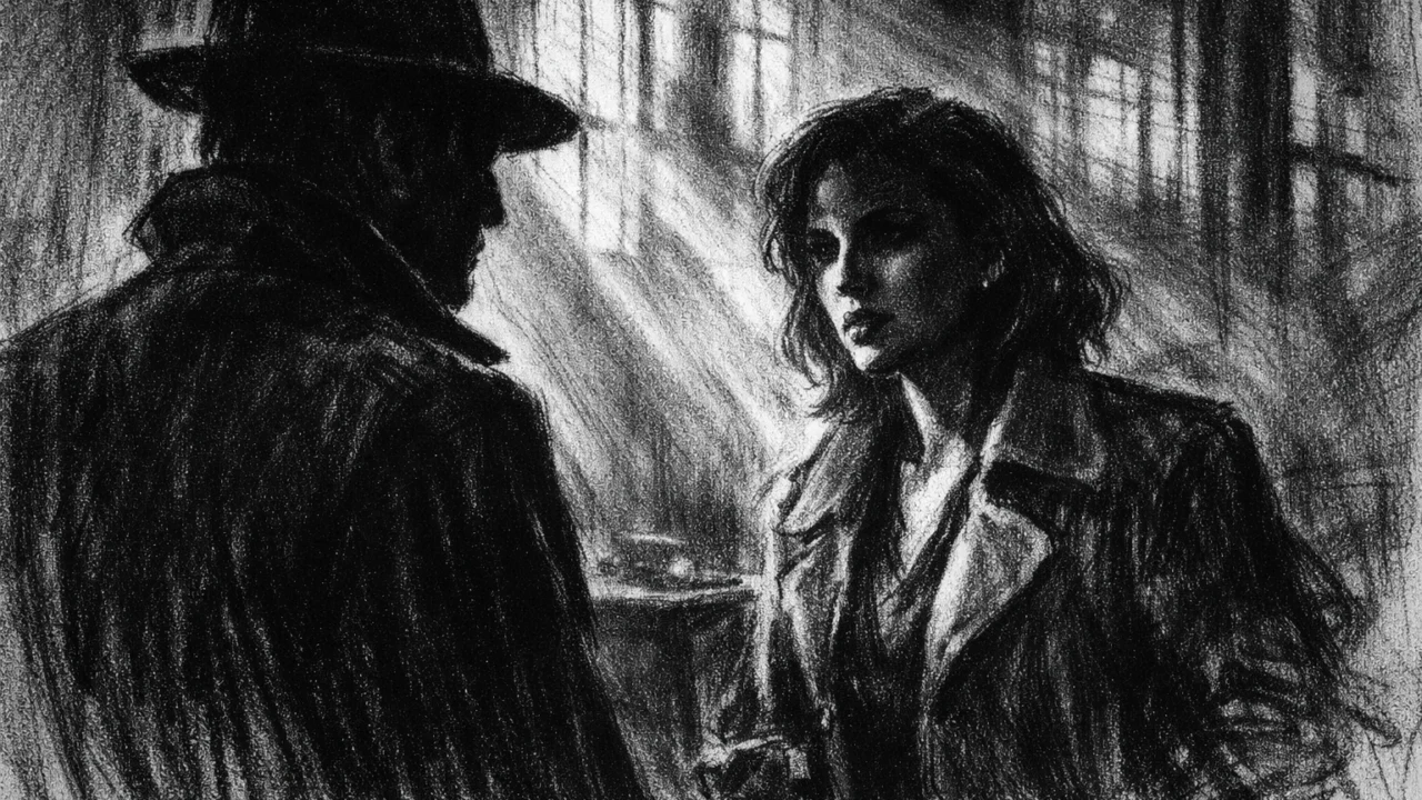 Dvoje ljudi u tihom razgovoru u mračnom prostoru, naglašene sjene i svjetlo, charcoal film noir stil pun emocionalne napetosti.