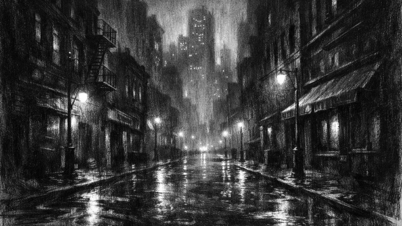 Mračna urbana scena s praznim ulicama i maglom, snažan kontrast svjetla i sjene, charcoal film noir stil s melankoličnom atmosferom.