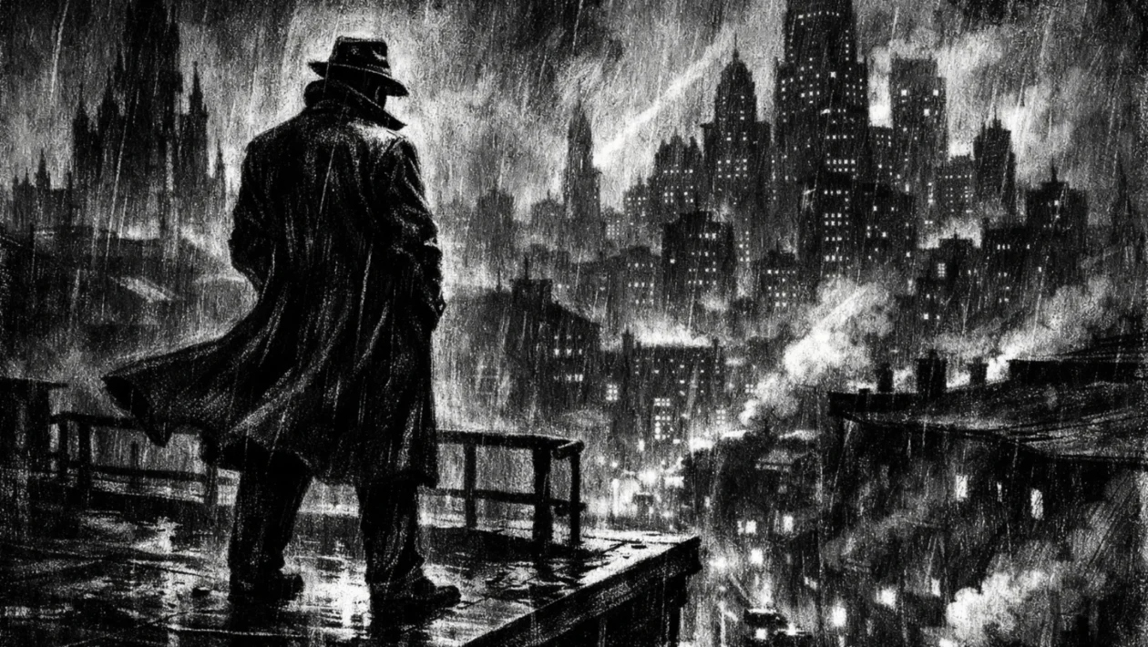 Usamljena figura na krovu grada noću, snažne sjene i kontrasti, charcoal film noir stil s mračnom i introspektivnom atmosferom.