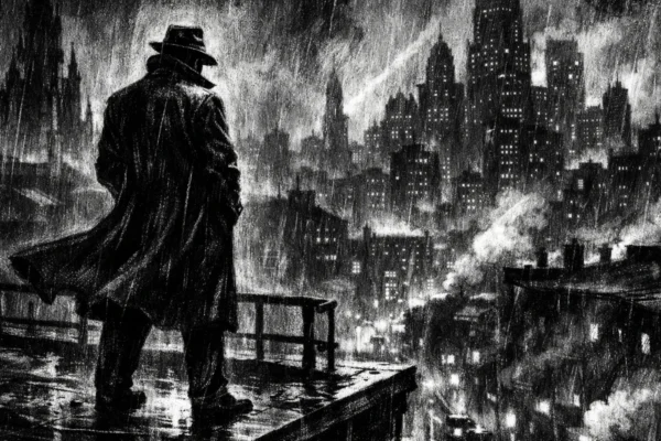 Usamljena figura na krovu grada noću, snažne sjene i kontrasti, charcoal film noir stil s mračnom i introspektivnom atmosferom.