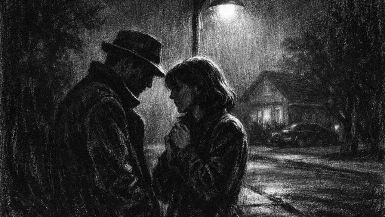 Dvije osobe u tihom razgovoru pod uličnom svjetiljkom, snažan kontrast svjetla i sjene, charcoal film noir stil