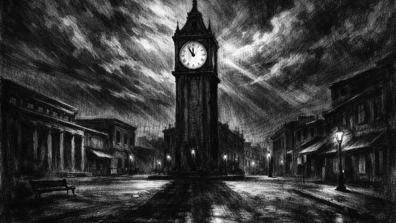 Prazan gradski trg s tornjem sata u noći, melankolična atmosfera i duboke sjene, charcoal film noir stil