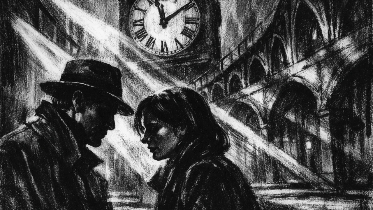Intimna scena razgovora ispod sata u charcoal film noir stilu, duboke sjene i dramatično svjetlo naglašavaju emocionalnu težinu i osjećaj paralelnih sudbina.