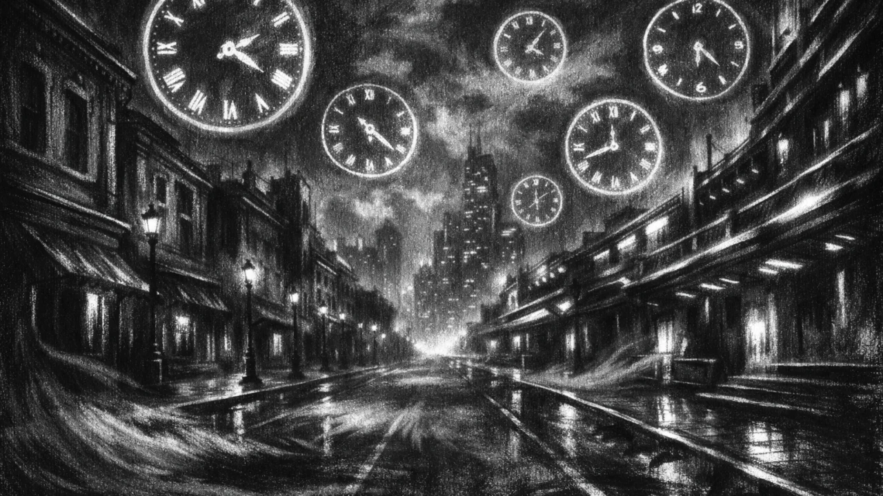 Prazna noćna ulica s futurističkim elementima u charcoal film noir stilu, lebdeći satovi i snažne sjene stvaraju simboličan osjećaj iskrivljenog vremena.