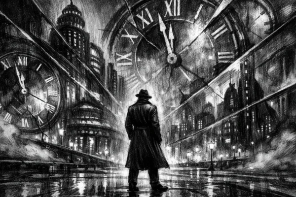 Filmski poster u charcoal film noir stilu: usamljena figura na futurističkom trgu, snažni kontrasti svjetla i sjene, crno-bijela atmosfera puna napetosti i osjećaja nestabilnog vremena.