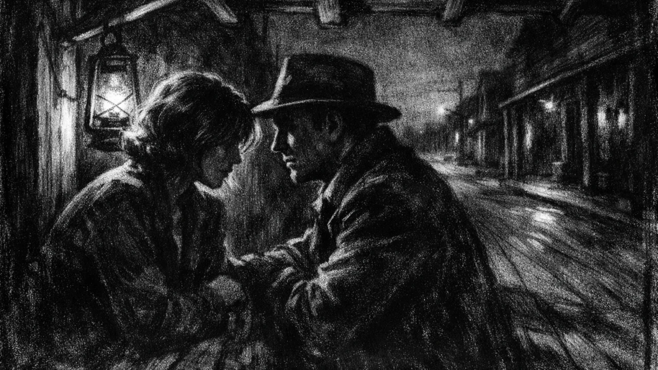 Tiha emocionalna scena dvoje ljudi pod trijemom u sumrak, intimno osvjetljenje i sjene, charcoal film noir stil