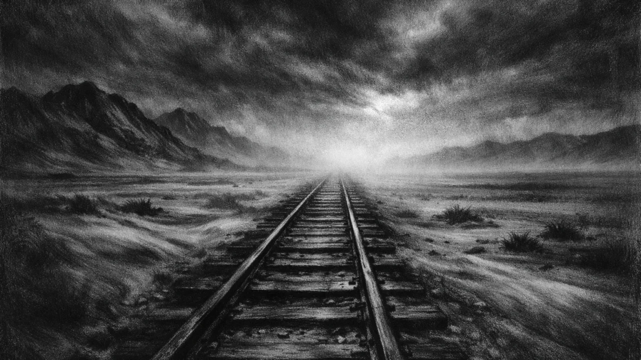 Maglovita pustinja s tračnicama koje nestaju u daljini, simbol vremena i odlaska, charcoal film noir stil