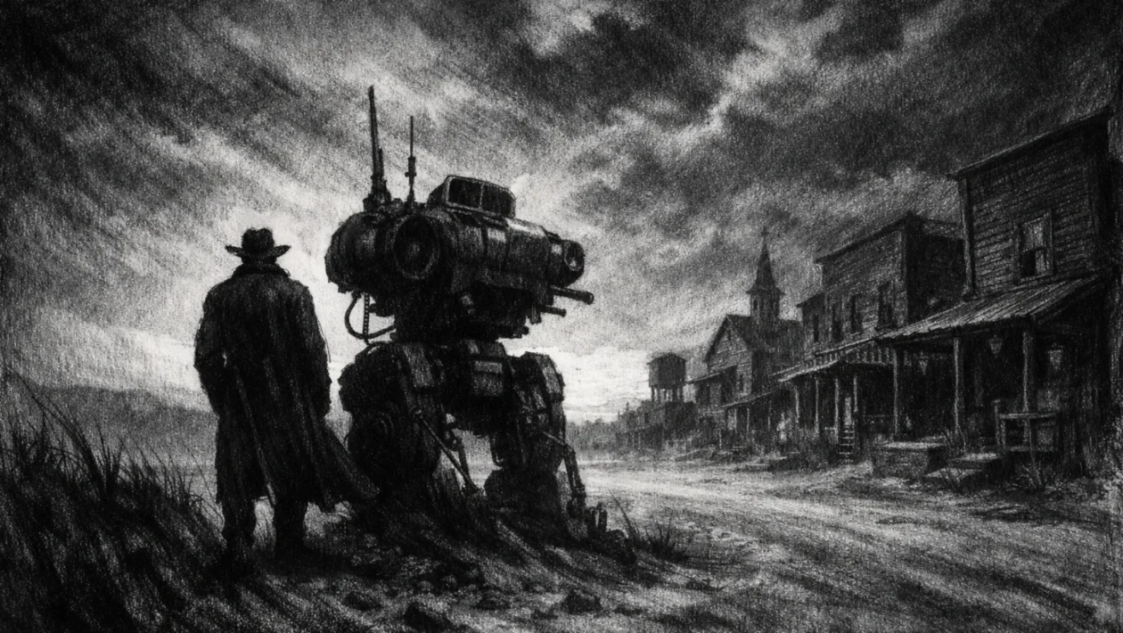 Filmski poster s usamljenom figurom u pograničnom gradu, snažne sjene i nostalgična atmosfera, charcoal film noir stil
