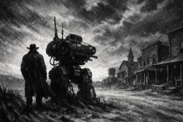 Filmski poster s usamljenom figurom u pograničnom gradu, snažne sjene i nostalgična atmosfera, charcoal film noir stil
