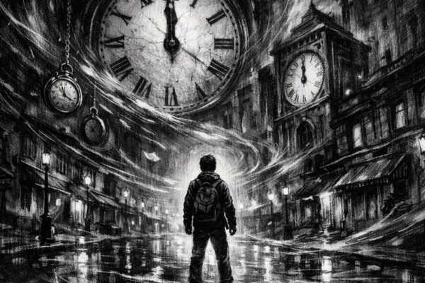 Cinematični poster s usamljenom figurom na noćnoj ulici, snažne sjene i svjetlo, charcoal film noir stil