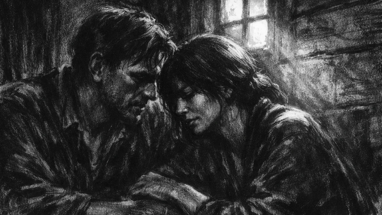 Intimna scena razgovora u charcoal film noir stilu, crno-bijela s visokim kontrastom, naglašava emocije, umor i povjerenje kroz svjetlo i sjene.